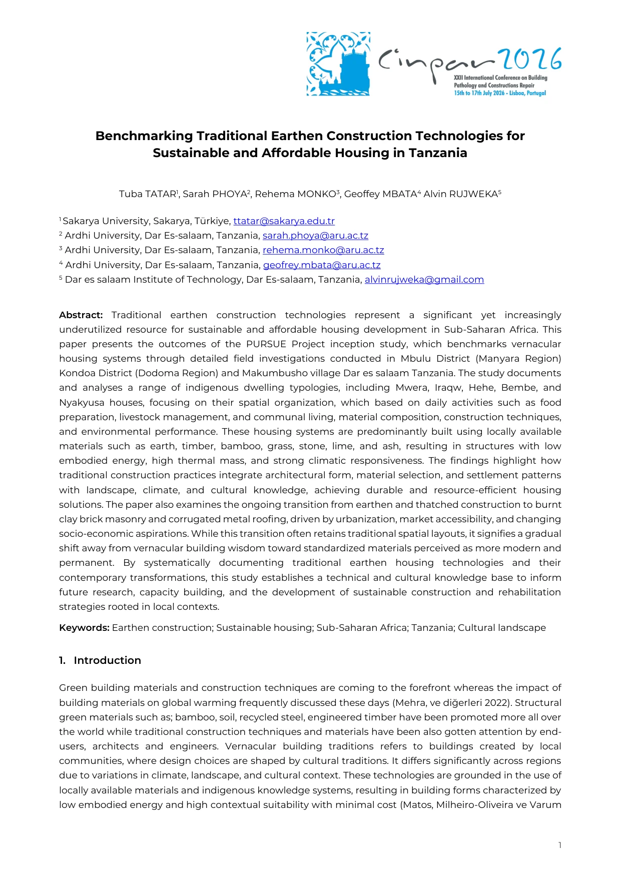 Benchmarking Traditional Earthen Construction Technologies for Sustainable and Affordable Housing in Tanzania